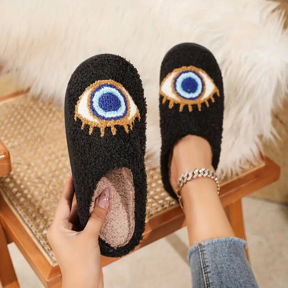 Evil Eye Winter Warm Indoor Slippers For Women, Thermal Lining soft cushioning